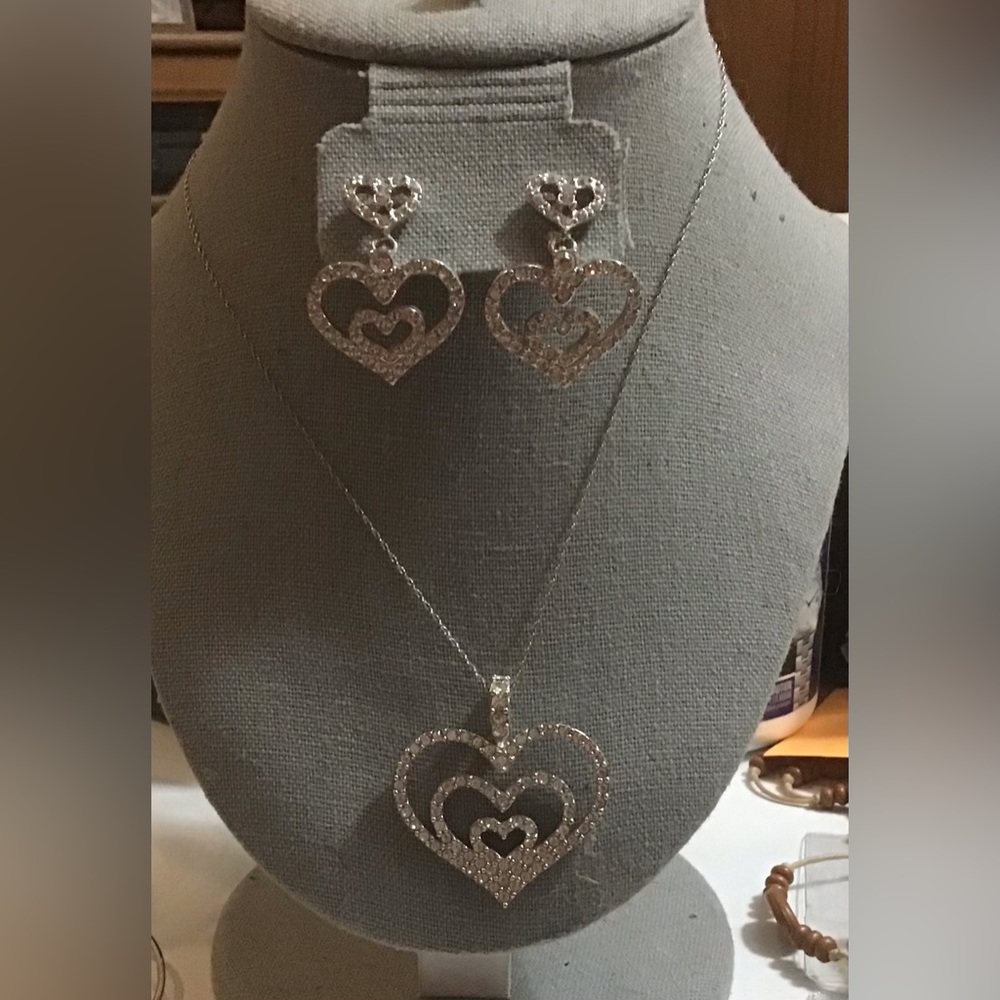 Nolan Miller: 3 heart charm n earrings set on sterling silver 20” dainty chain.